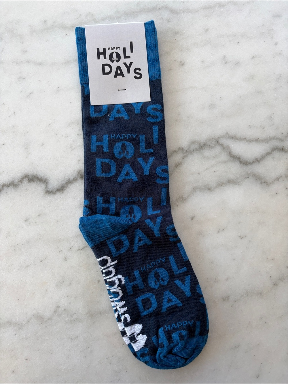 Sock Club Navy and Bright Blue 'Happy Holidays' Crew Socks